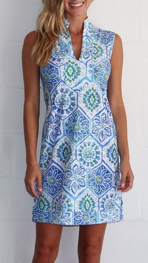 Blue sleeveless mini dress with geometric print and fold-down collar