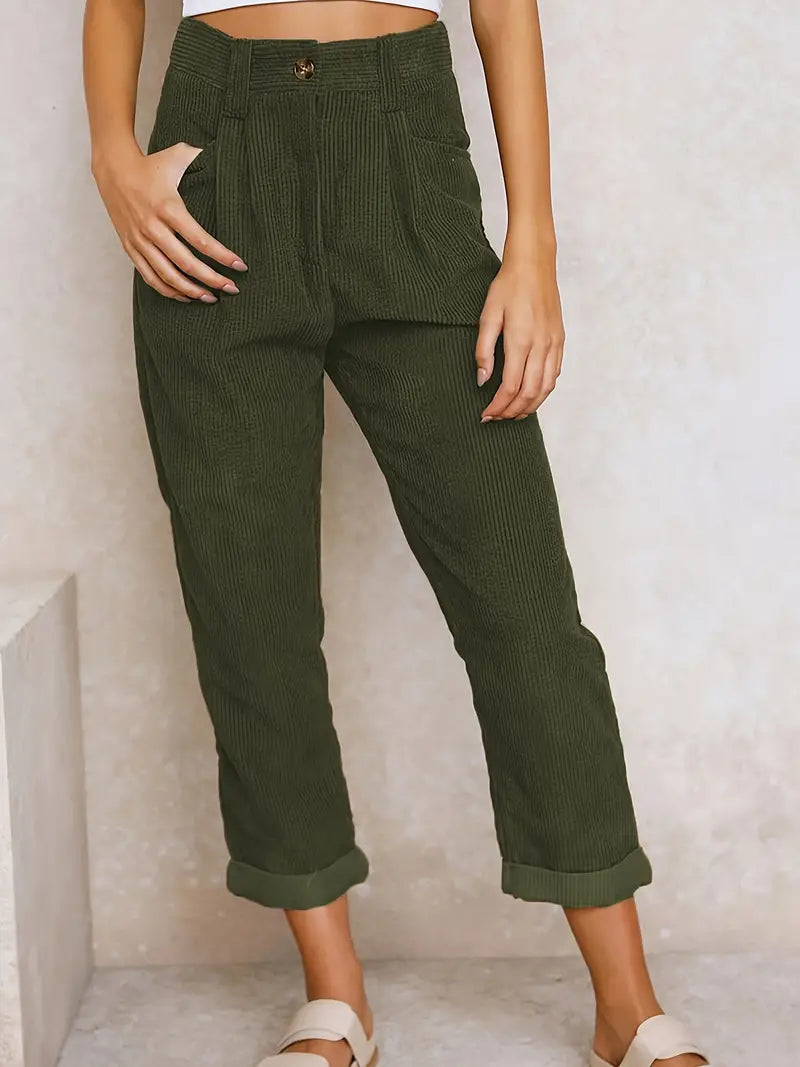 Green Corduroy Pintuck Casual Culotte