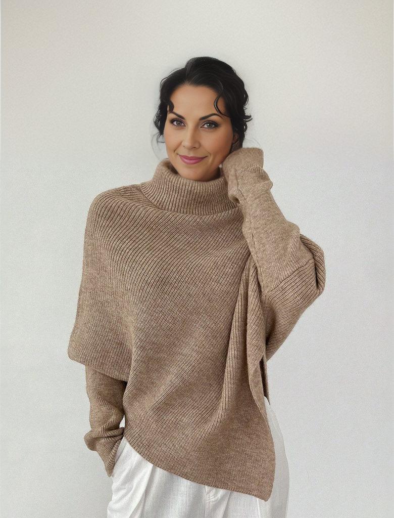 Apricot solid color sweater with turtleneck