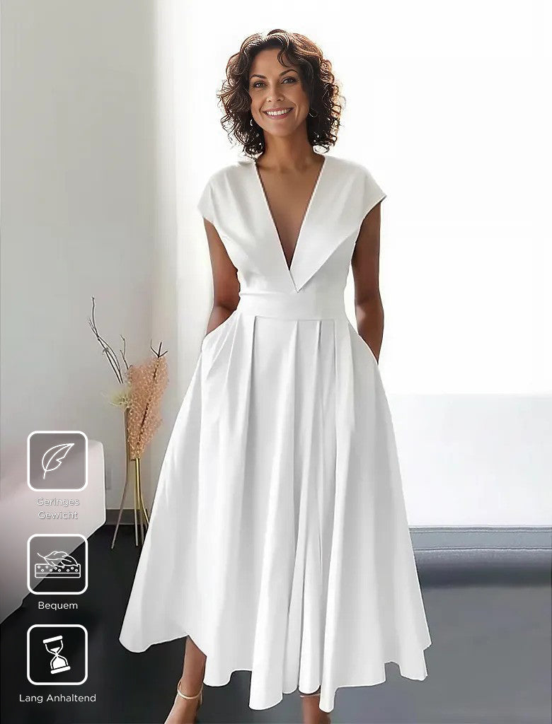 White folding collar maxi dress with deep V-neck and pleat