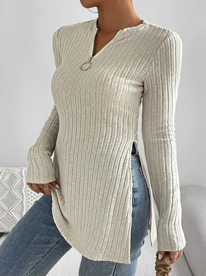 Apricot Solid Color Sweater with V Neck and Long Sleeves