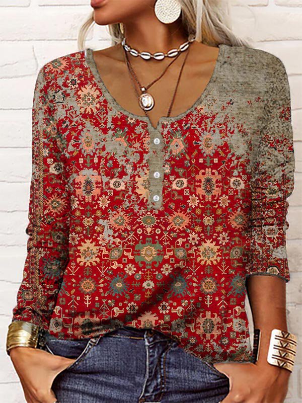 Retro Autumn Aztec Print Long Sleeve Top