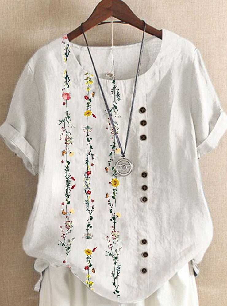 White Floral Vine Short Sleeve Crew Neck Top