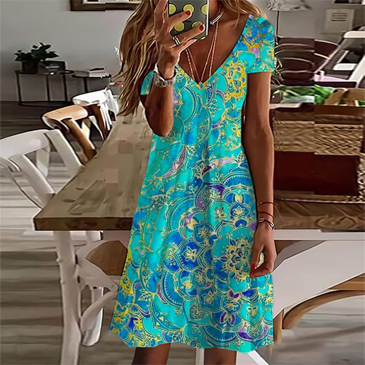 Ocean blue mandala print knee length mini dress with short sleeves