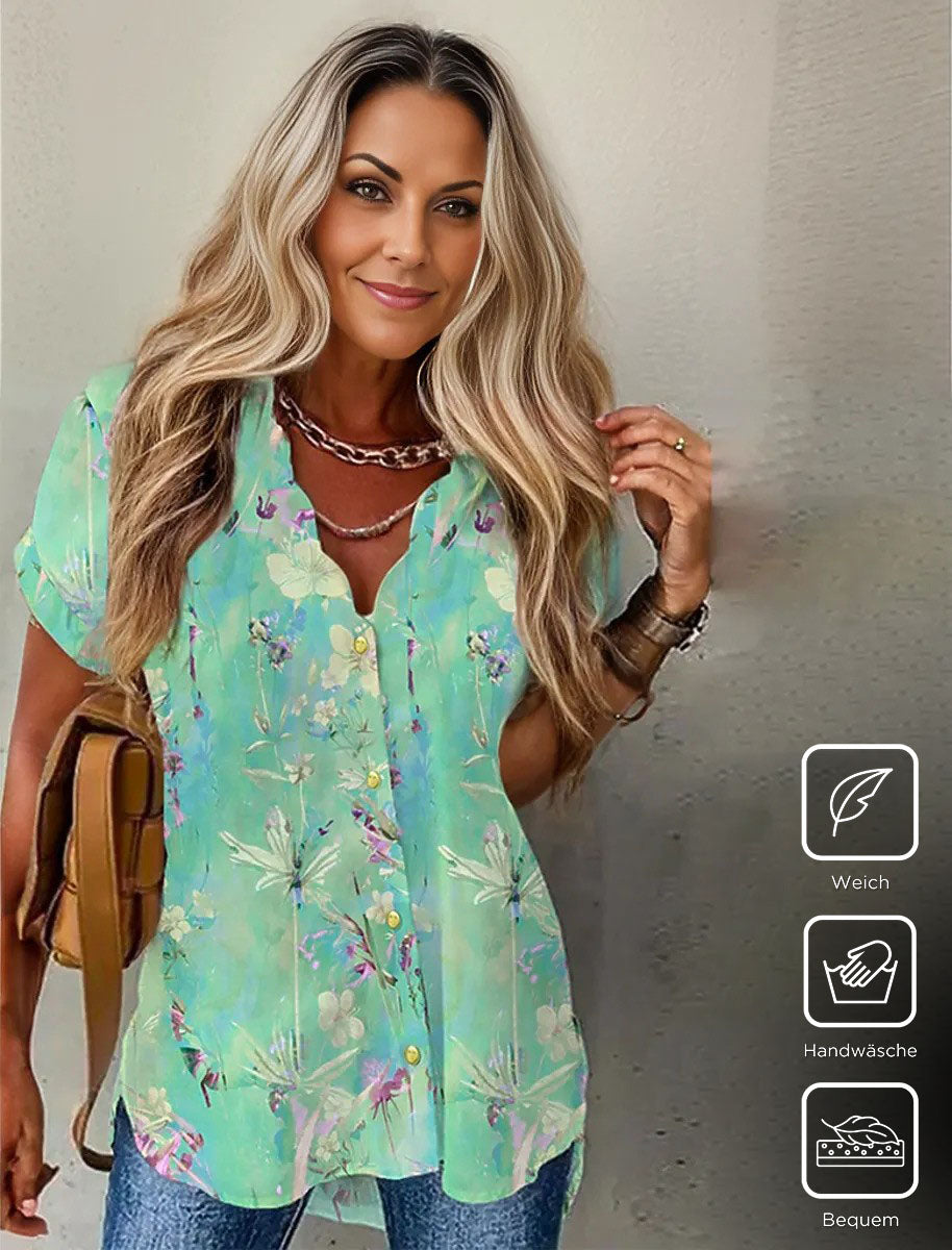 Green print shirt with short sleeves