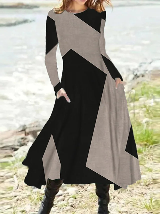 Grey Black Geometric Color Block Dress