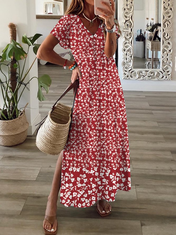 Red maxi dress with short sleeves