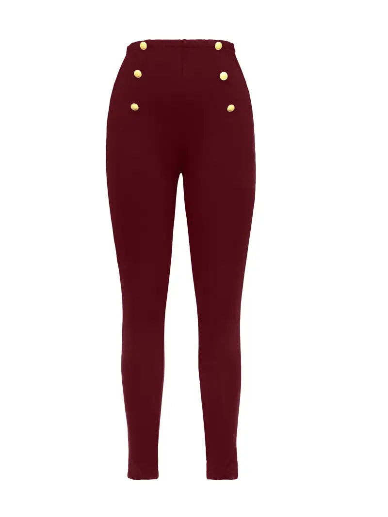 High Waist Gloss Red Button Detail Elegance Pants