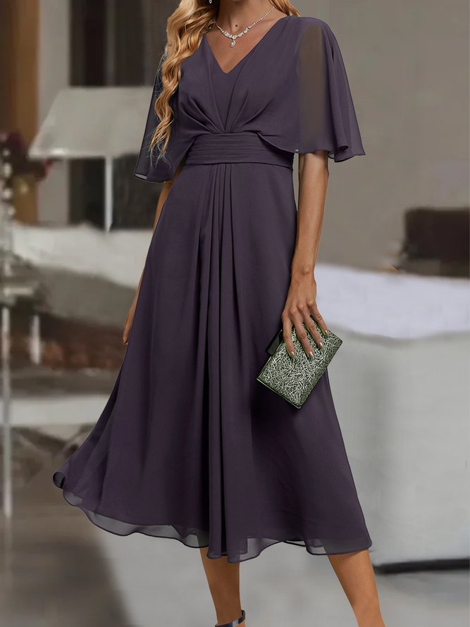 Purple Solid Color V Neck Midi Dress