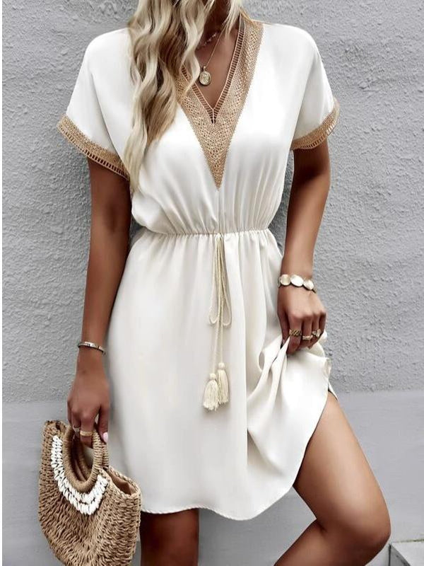 Grecian Goddess Beige Mini Dress With Tassels