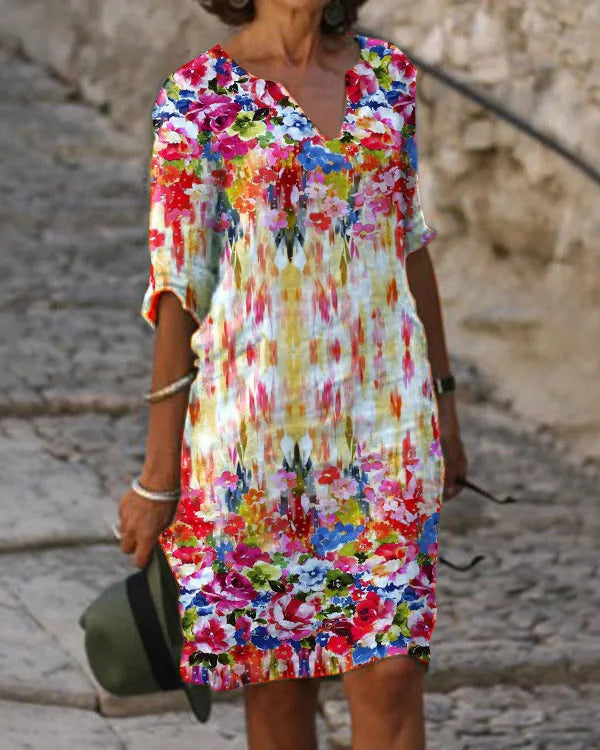 Casual Medium Flower Dress With V Neck