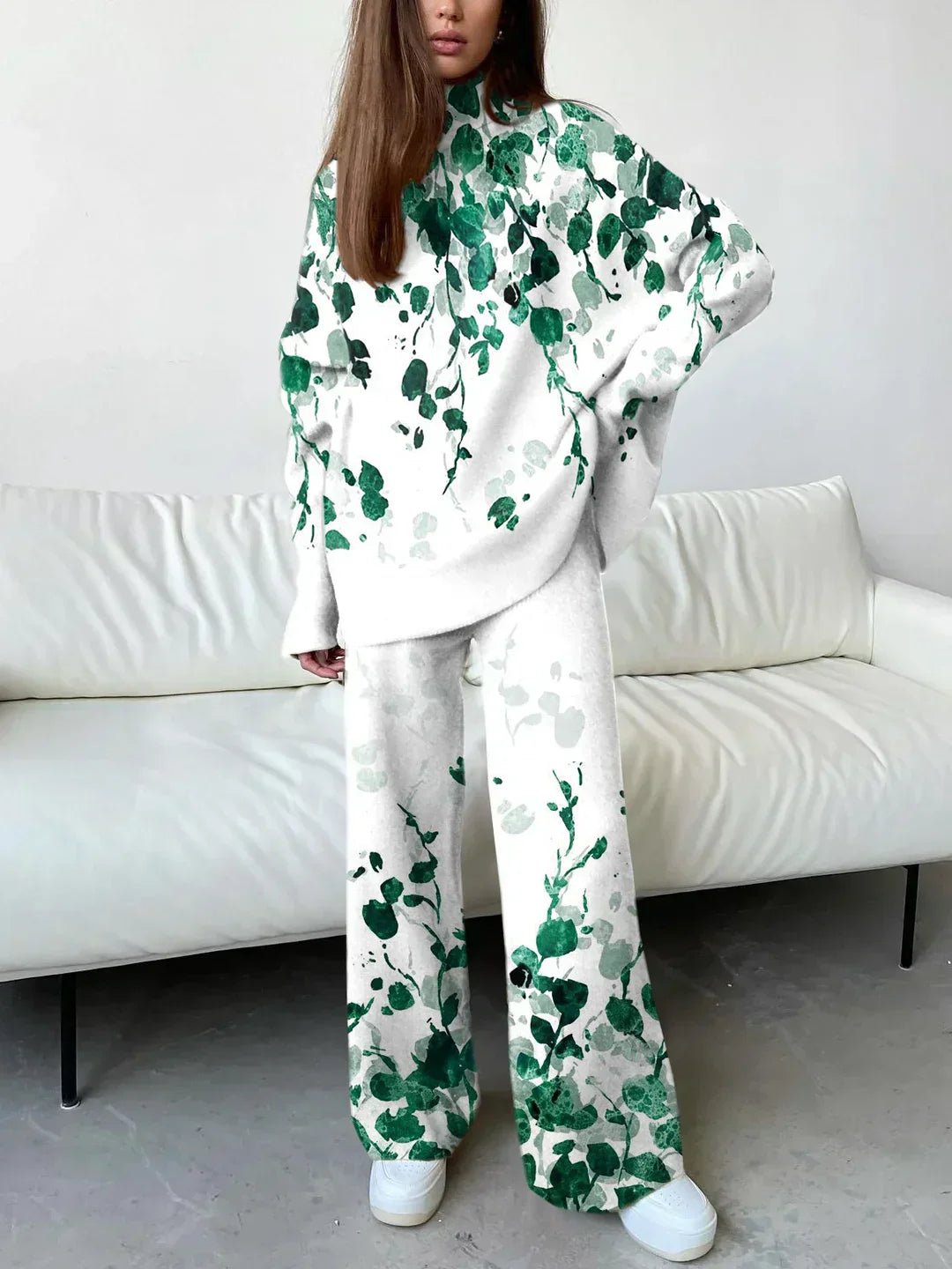 Women's Fashionable Green Print Drop Shoulder Loose Suit