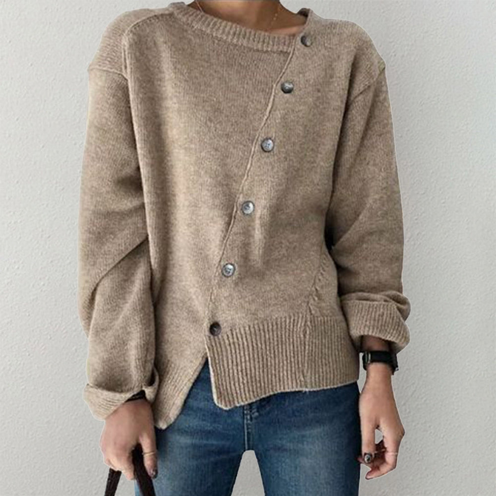 Asymmetrical long sleeve sweater with button placket