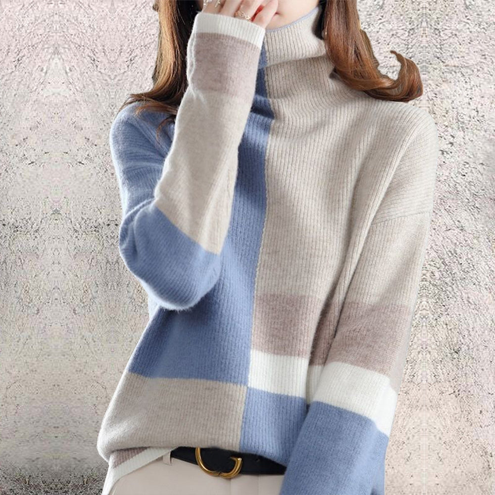 Fluffy color block sweater with high neckline