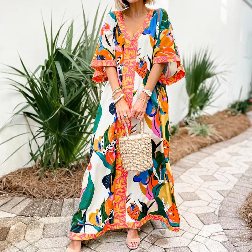 Orange maxi dress with 3/4-length sleeves