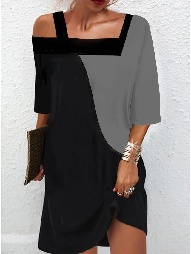 Grey and black asymmetrical mini dress with cold shoulders