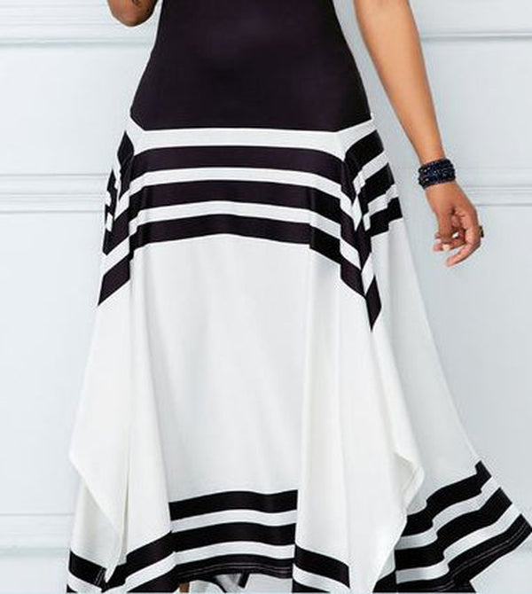 Striped Black Apricot Color Block Asymmetrical High Neck Dress