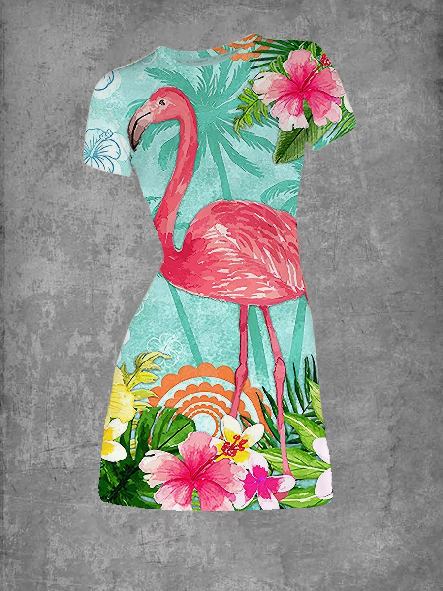 Women's Flamingo Print Round Neck tshirt Dress