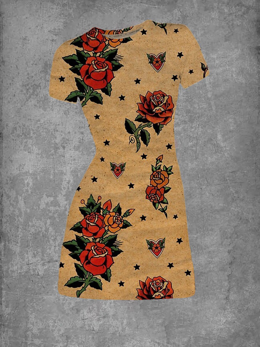 Women Vintage Old Paper Rose Tattoos Round Neck T-Shirt Dress