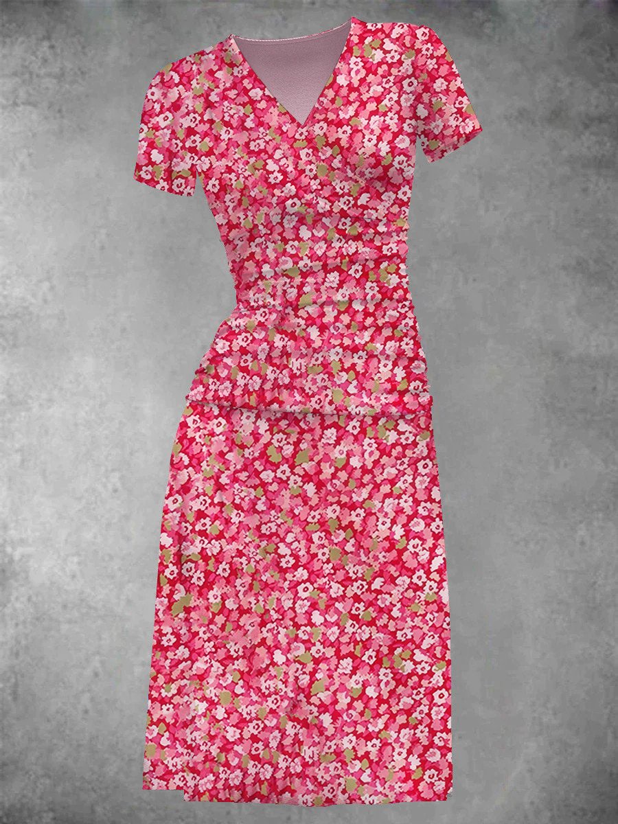 Women's two-piece midi dress with pink zigzag floral print