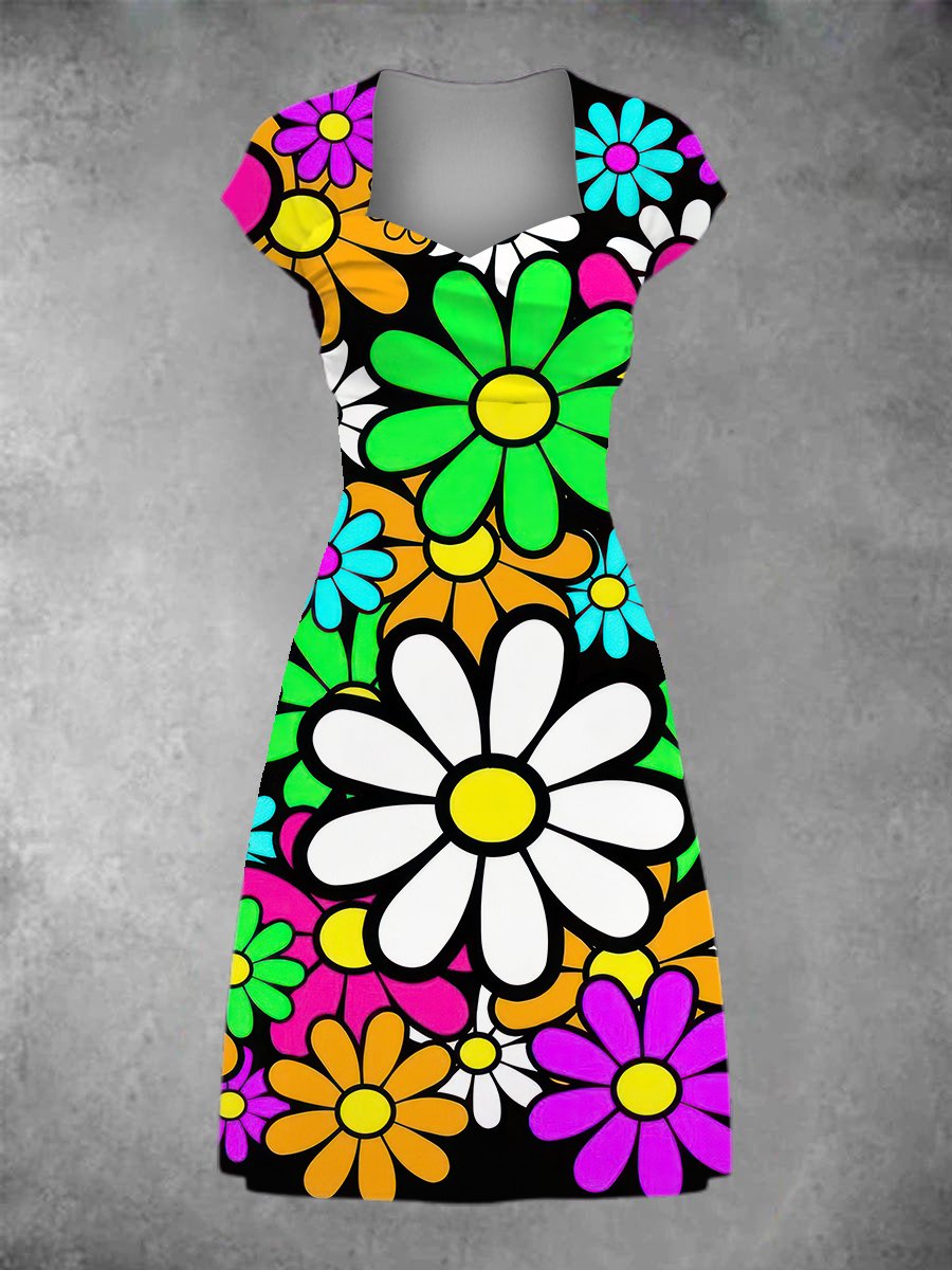 Women's Retro Daisy Floral Graphic Patchwork Casual Midi Dress