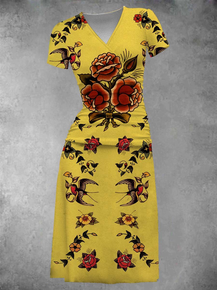 Vintage Graphic Rose Print Midi Dress for Women