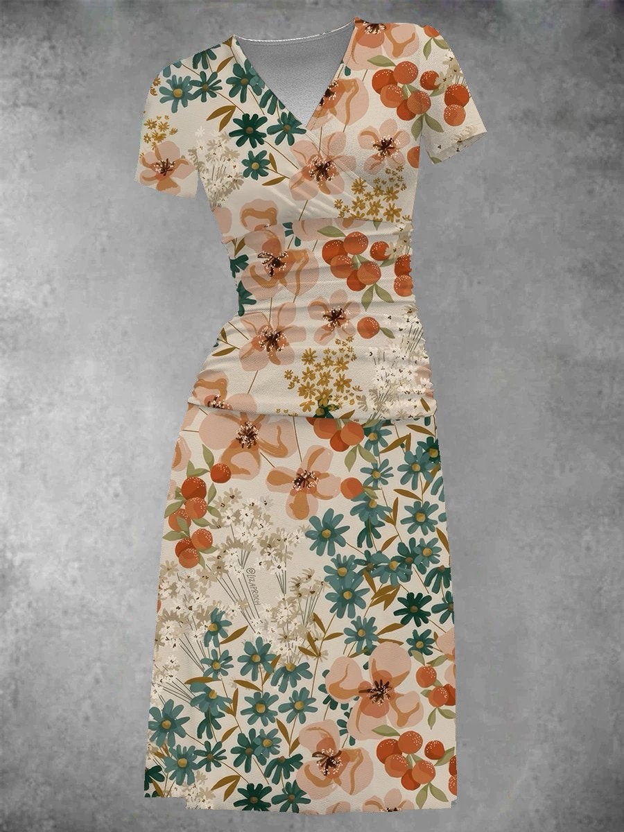 Women's Vintage Art Floral Print Midi Dress