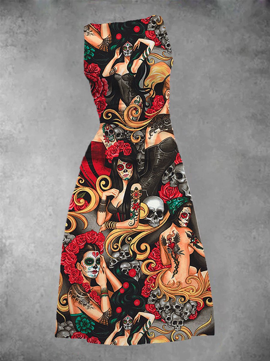 Women's Day of the Dead Tattoo Print Maxi Dress