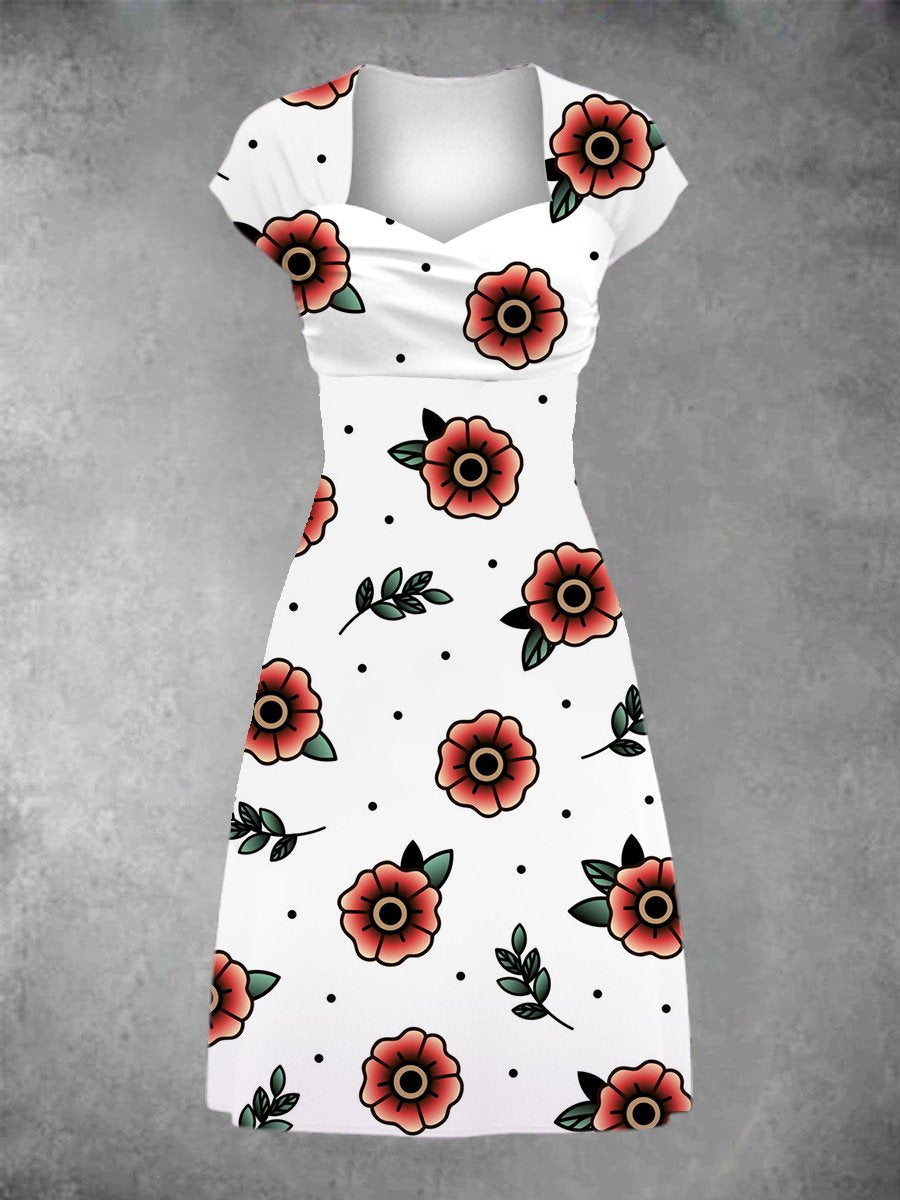 Ladies rose old school tattoo graphic patchwork casual midi dress