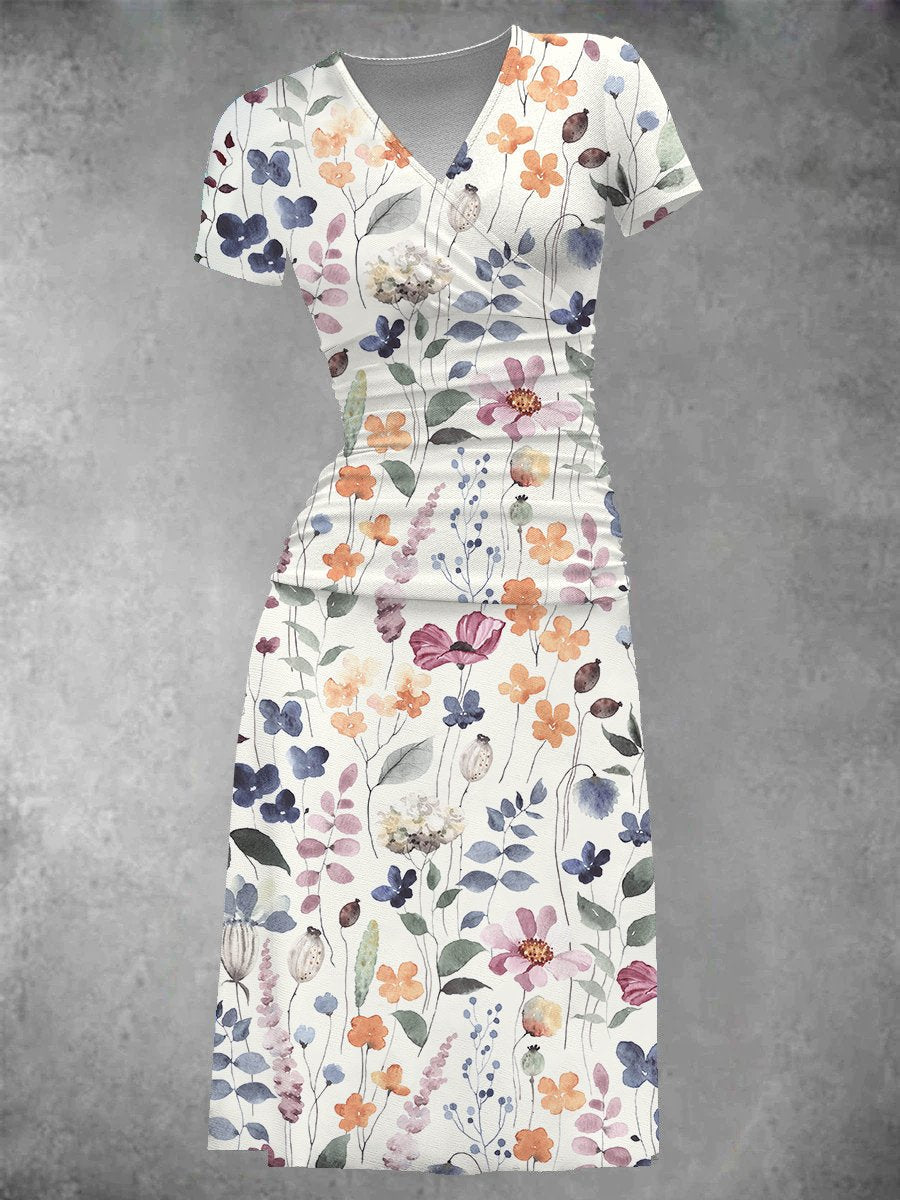 Two-piece floral print midi dress for women in vintage style with multicoloured leaves