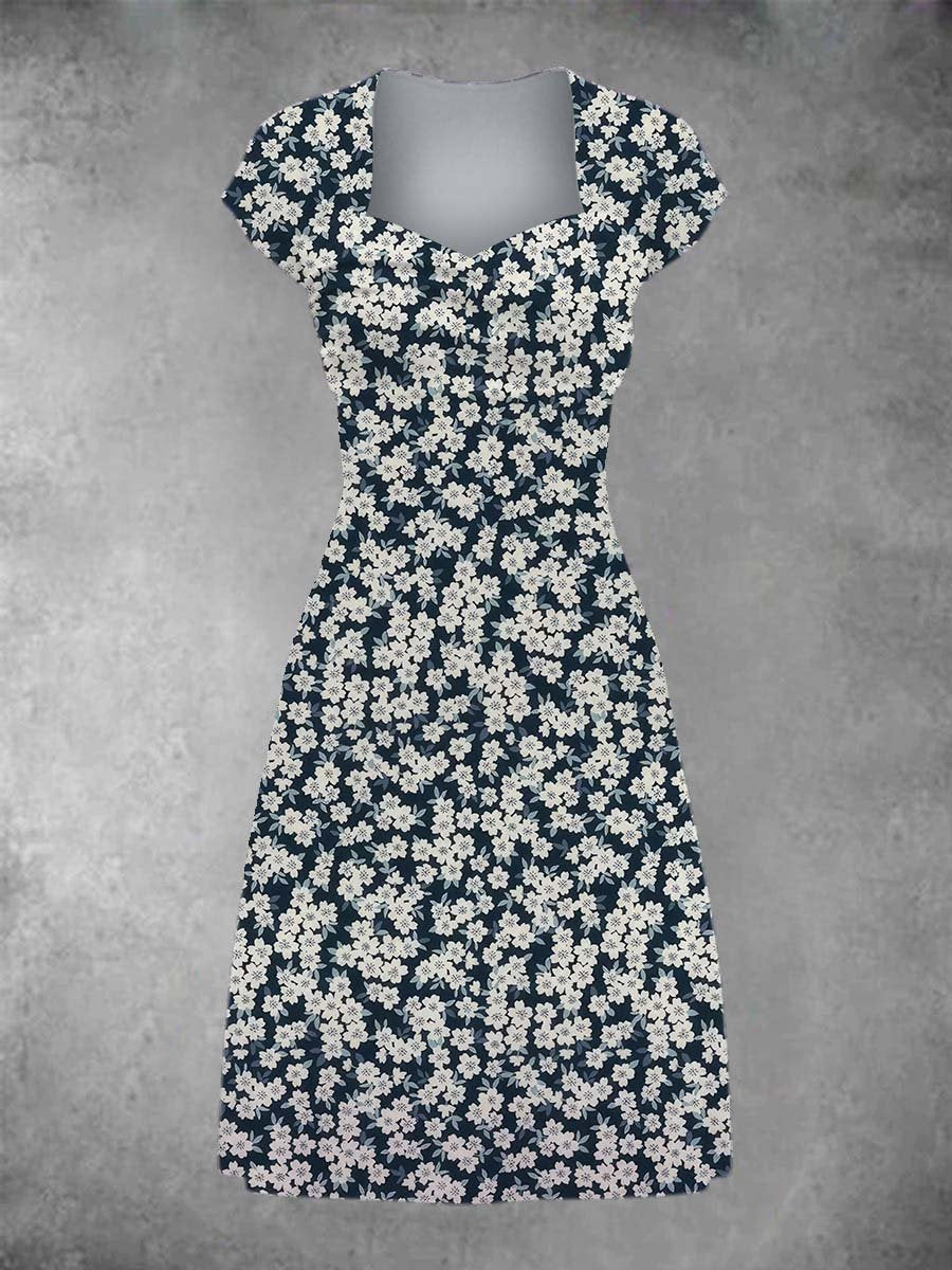 Women's Indigo Flower Patchwork Casual Midi Dress