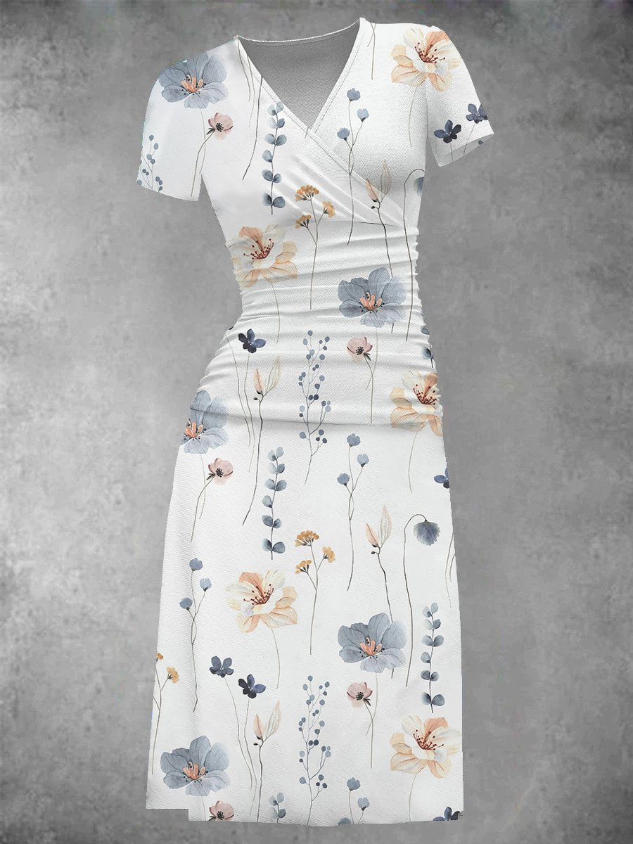 White Floral Print Midi Dress for Women