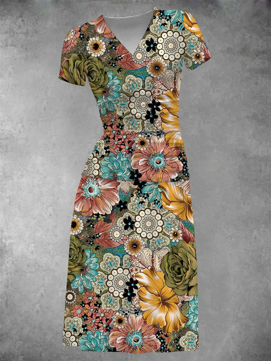 Women's Vintage Flora Art Print Midi Dress