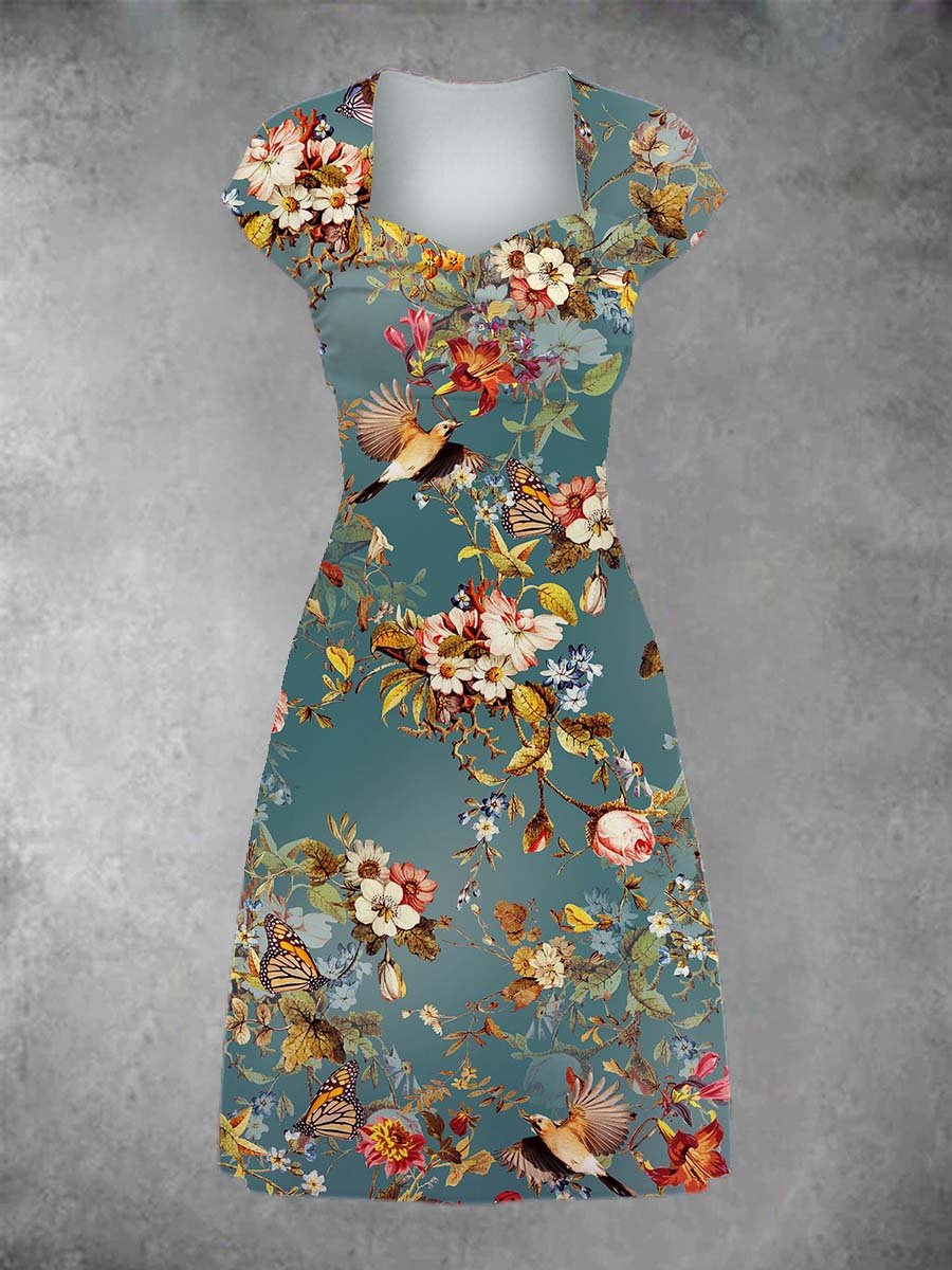 Women's Vintage Floral Bird Art Patchwork Casual Midi Dress