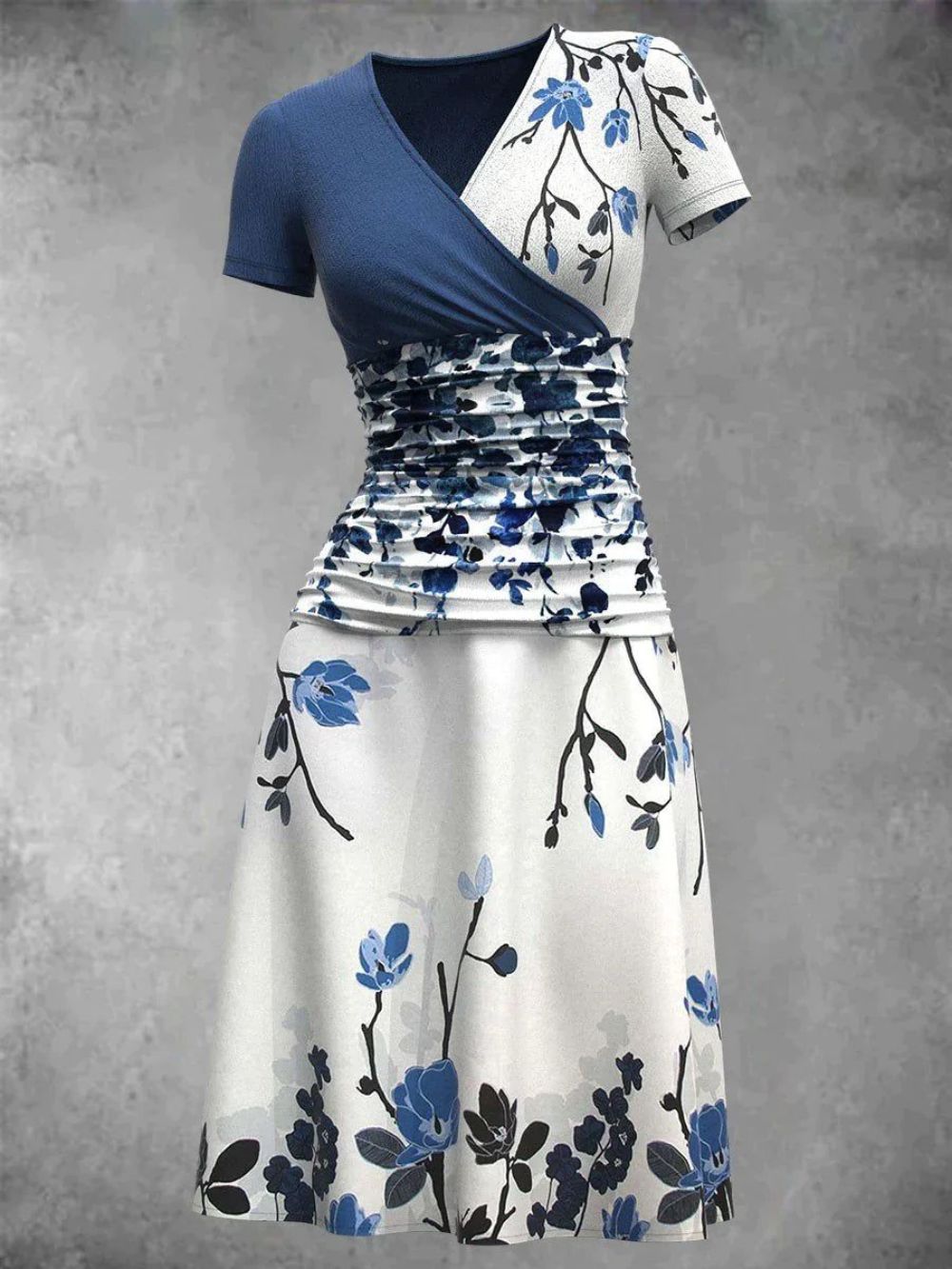 White and blue midi dress with floral print in vintage look