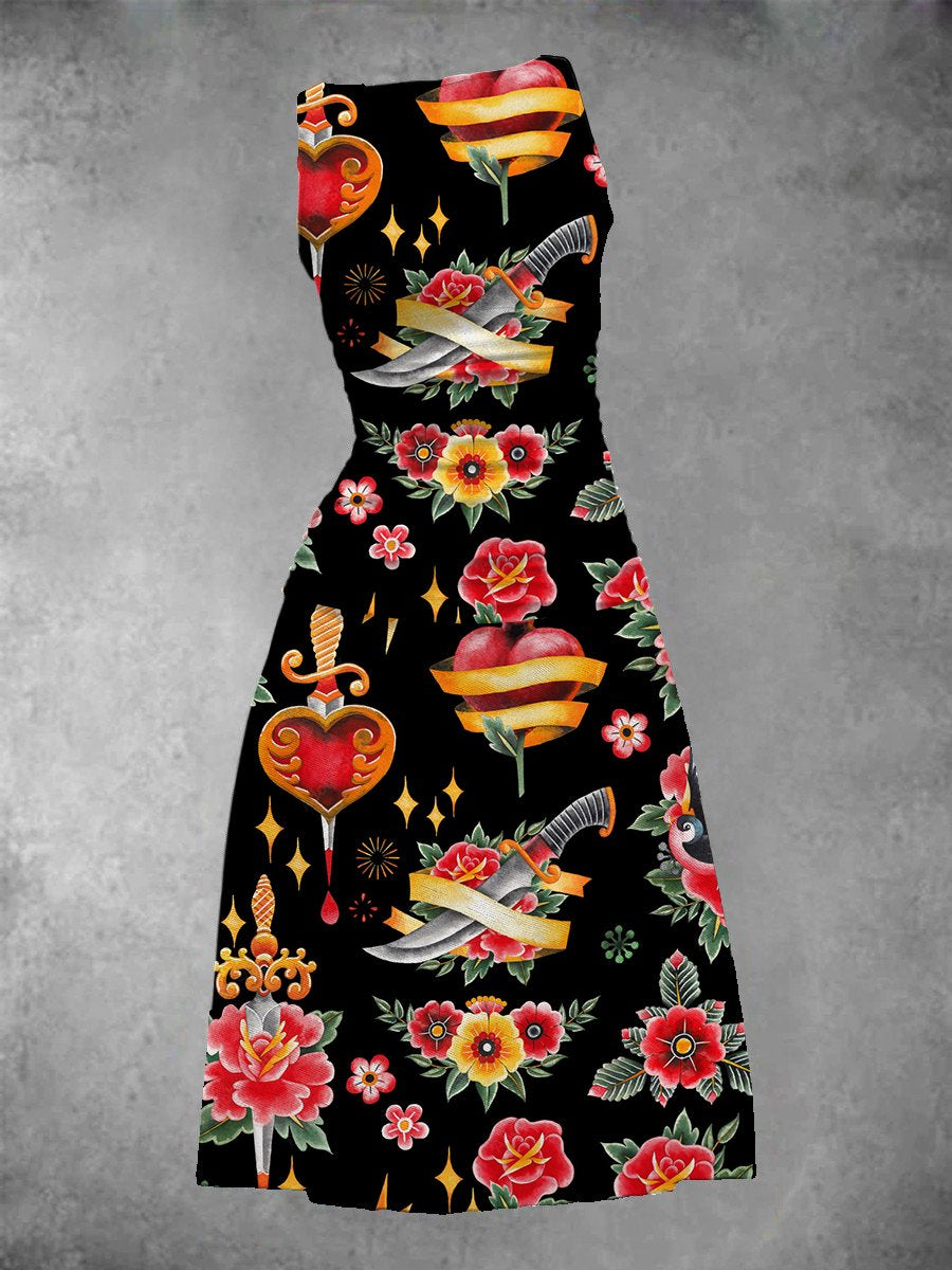 Women's vintage rose tattoo maxi dress