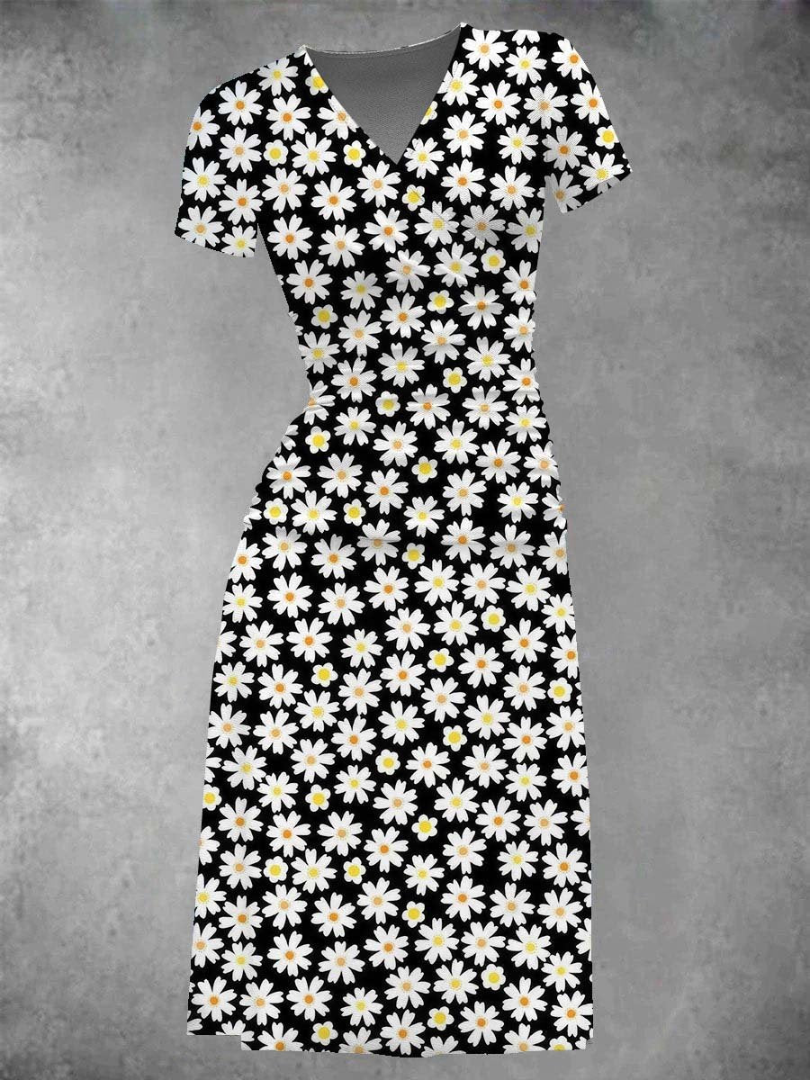 Daisy Midi Dress with Black Print for Women