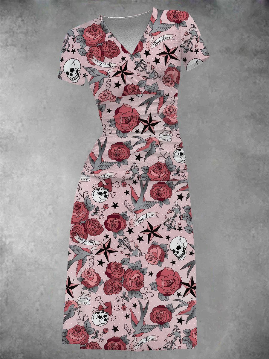 Girly Old School Tattoo Print Midi Dress for Women