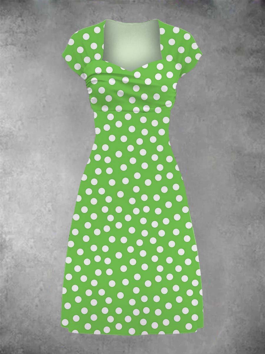 Women's Lime Retro Patchwork Midi Dress With Dots