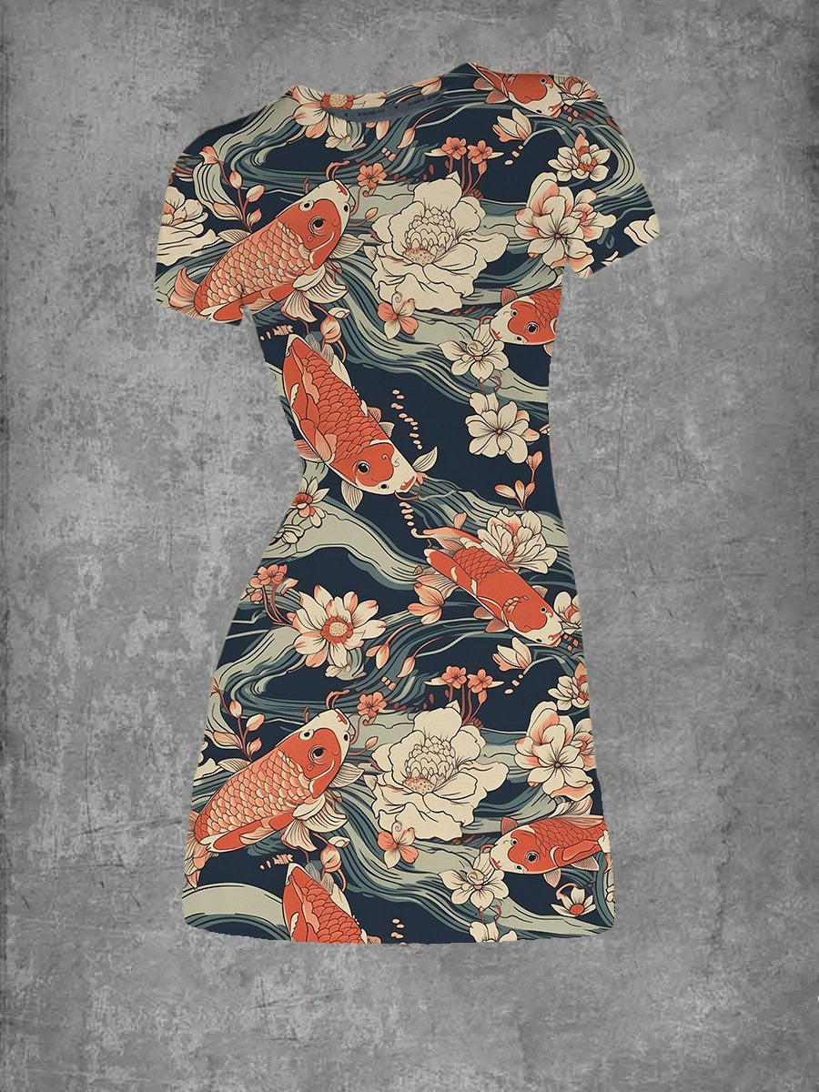 Women's Koi Fish and Flower Crew Neck T-Shirt