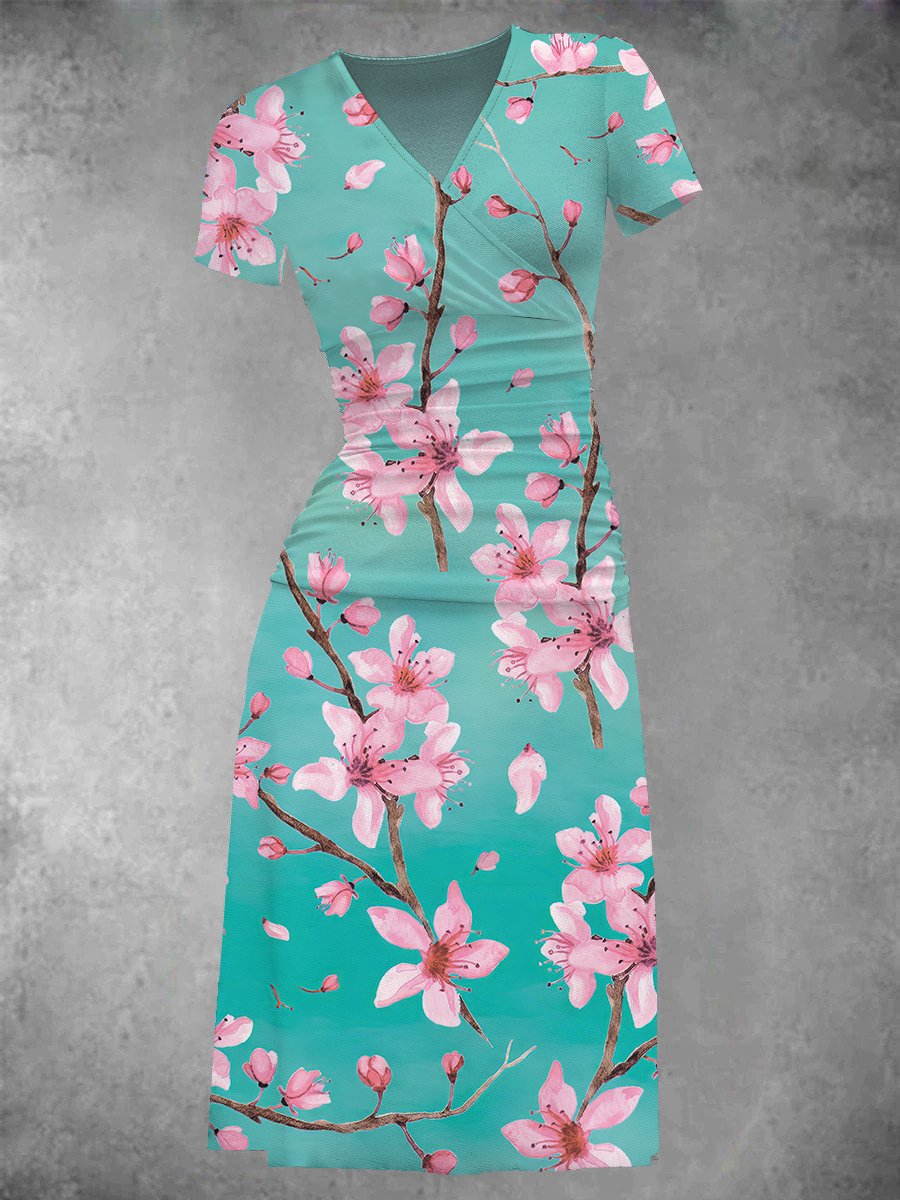 Watercolor Cherry Blossom Midi Dress for Women