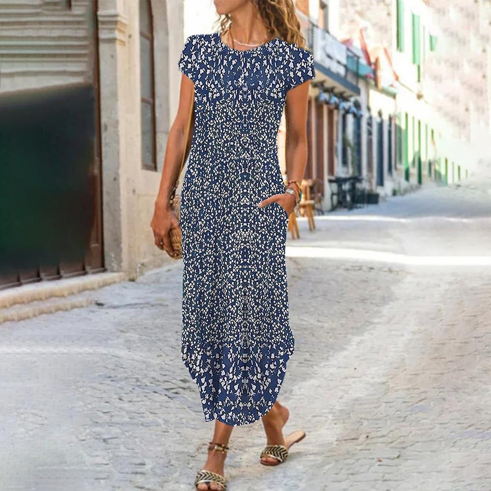 Royal Blue White Floral Print Round Neck Midi Dress