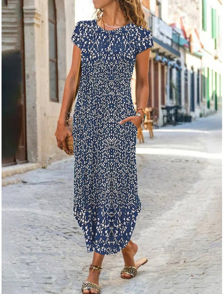 Royal Blue White Floral Print Round Neck Midi Dress