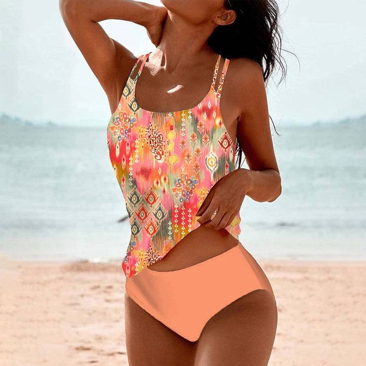 Orange sleeveless swimwear with print