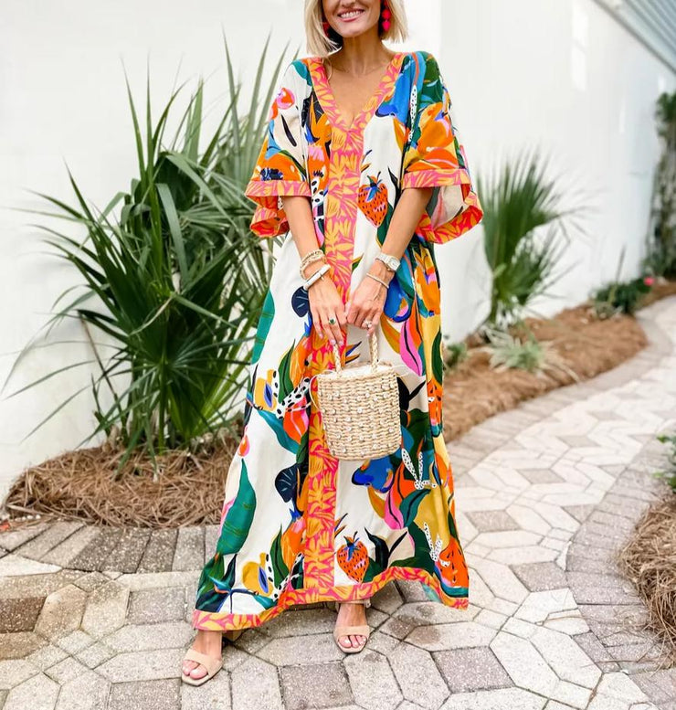 Orange maxi dress with 3/4-length sleeves