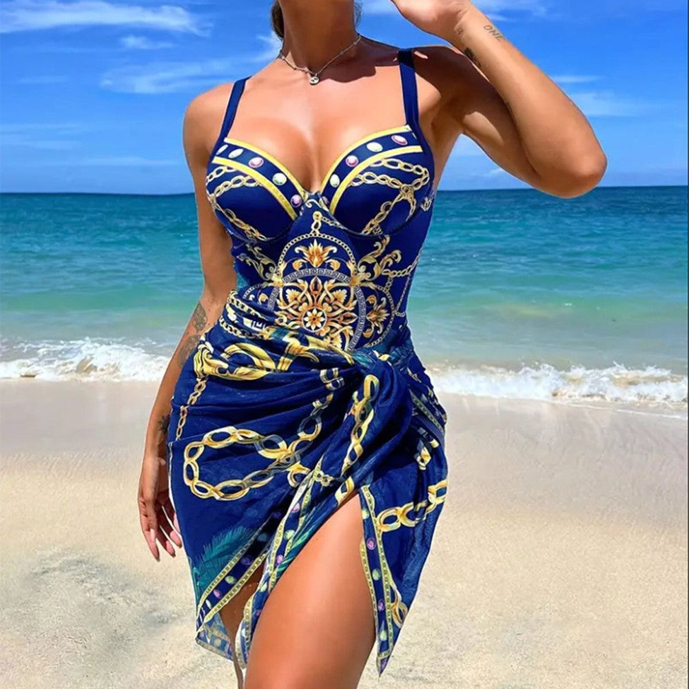 Elegant sleeveless swimwear with blue print