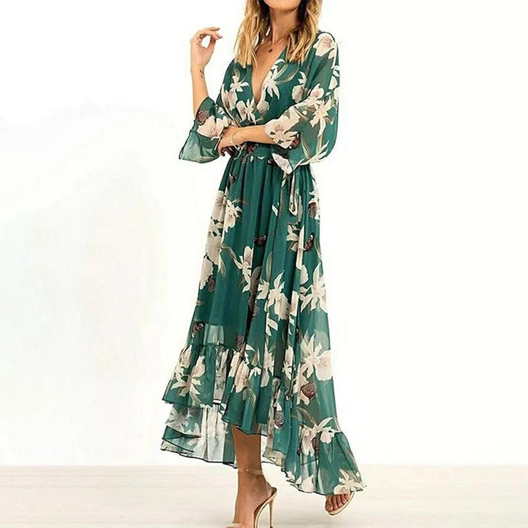 Green long sleeve maxi dress with V-neck