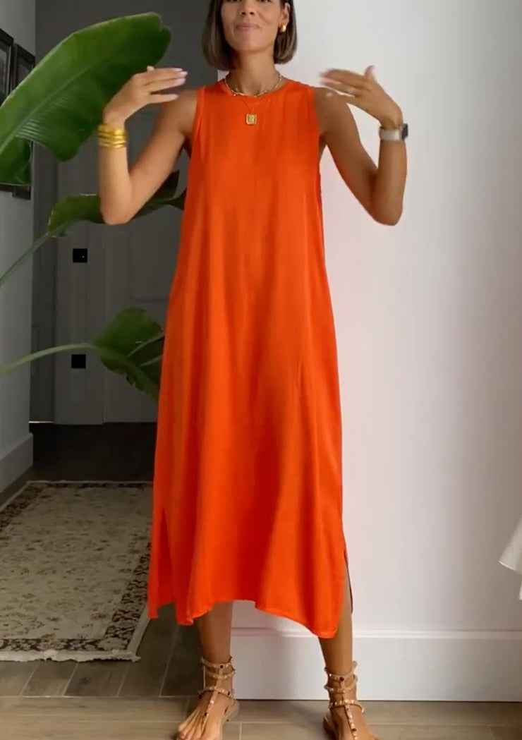 Orange Sleeveless Solid Color Midi Dress