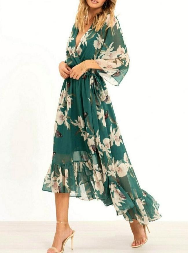 Green long sleeve maxi dress with V-neck