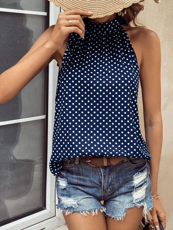 Navy Blue Sleeveless Polka Dot Tank Top